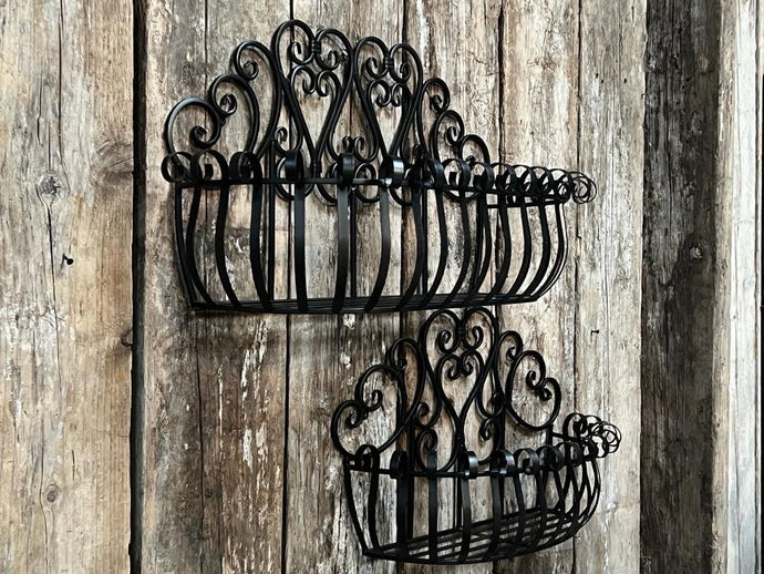 Decorative Two Piece Heavy Iron Ornate Wall Hanging Planters