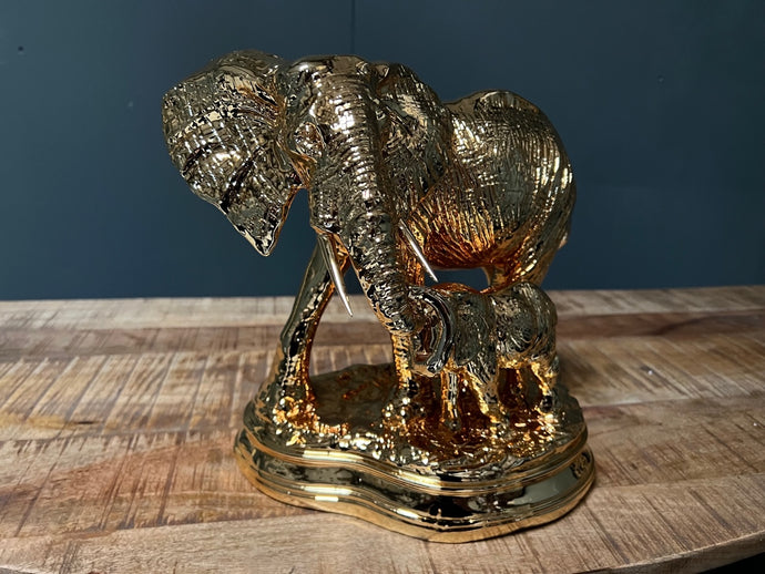 Large Gold Mother & Baby Elephant Statue