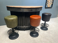 Load image into Gallery viewer, Industrial Style Ribbed Leather Bar Stool on Cast Iron Base in Black
