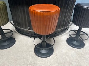 Industrial Style Ribbed Leather Bar Stool on Cast Iron Base in Tan