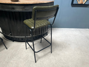 Pair of Vintage Style Ribbed Leather Bar Stools in Green