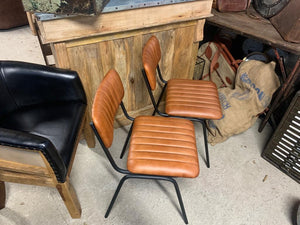 Industrial Vintage Ribbed Leather Dining Chair in Tan