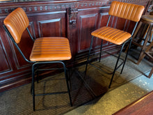 Load image into Gallery viewer, Pair of Vintage Style Ribbed Leather Bar Stools (Tan)