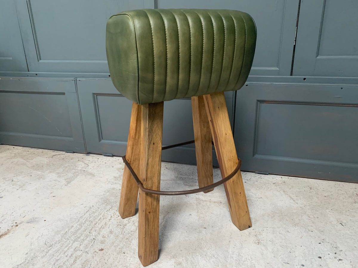 Ribbed Leather Pommel Horse Bar Stool in Green John Cowell