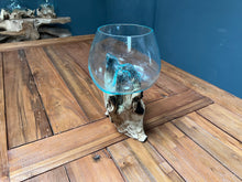 Load image into Gallery viewer, Large 10cm Molten Glass Bowl on Root Wood Stand