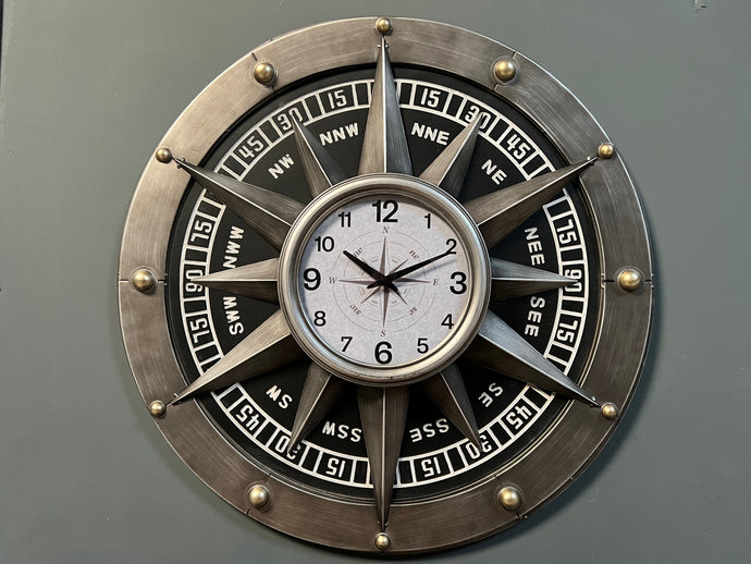 Vintage Silver Industrial Style Compass Clock