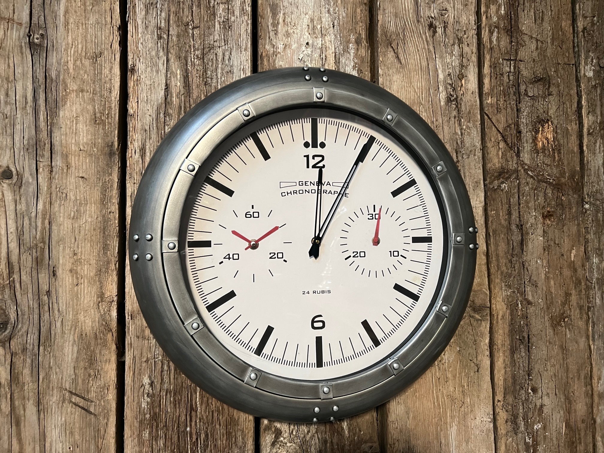 Vintage Silver Industrial Style Geneva Chronograph Wall Clock John Cowell Limited