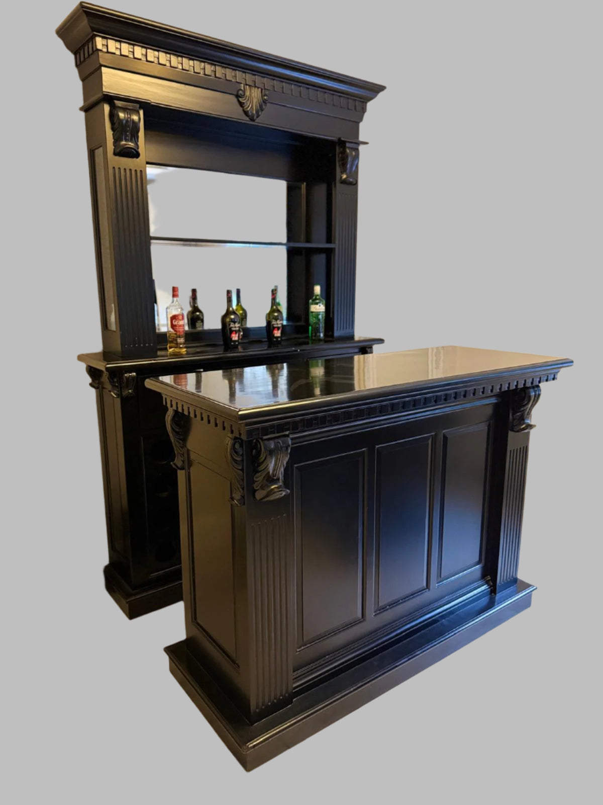 1.5m Black Home Bar - Front Counter & Bevelled Mirrored Back Bar