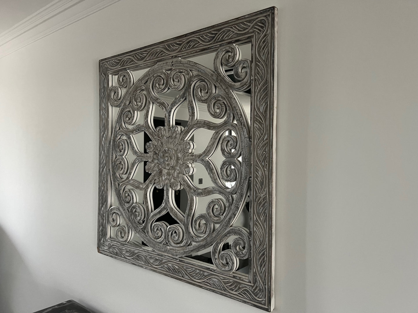 Oriental Detailed MIRROR 90cm square in Silver