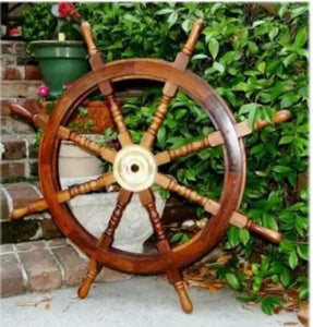 Large Wooden Ships Wheel with Brass Centre