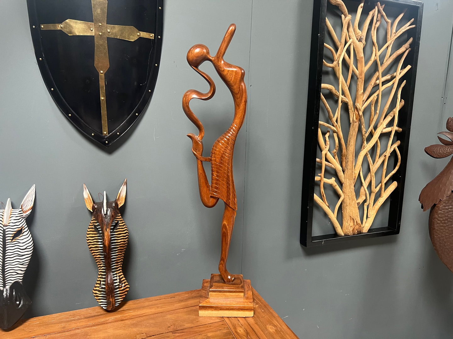 Large Heavy Polished Wood Abstract Lady Dancing on Plinth