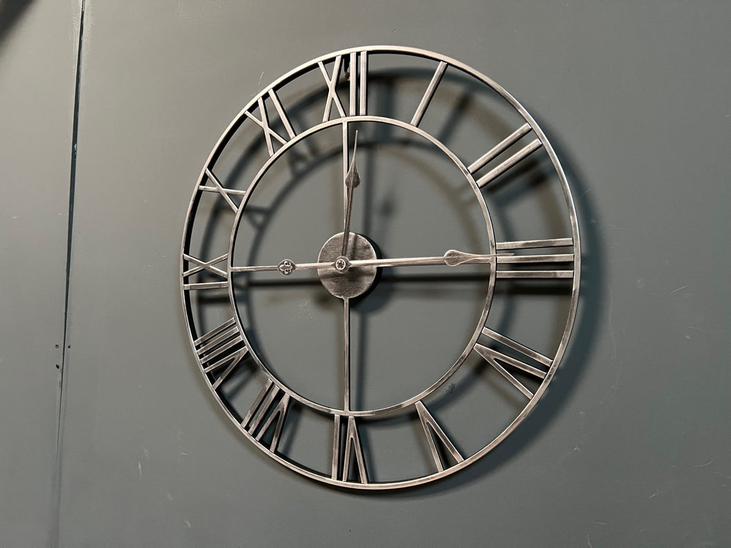 Large Silver Iron Skeleton Roman Numeral Clock