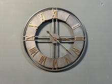 Load image into Gallery viewer, Large Silver and Gold Roman Numeral Skeleton Clock