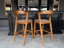 Load image into Gallery viewer, Pair Kin Contemporary Ash Wood &amp; Brown Faux Leather High Back Bar Chairs
