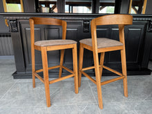 Load image into Gallery viewer, Pair Kin Contemporary Ash Wood &amp; Brown Faux Leather High Back Bar Chairs