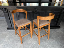 Load image into Gallery viewer, Pair Kin Contemporary Ash Wood &amp; Brown Faux Leather High Back Bar Chairs