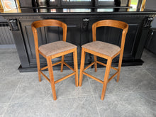 Load image into Gallery viewer, Pair Kin Contemporary Ash Wood &amp; Brown Faux Leather High Back Bar Chairs