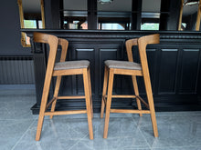 Load image into Gallery viewer, Pair Kin Contemporary Ash Wood &amp; Brown Faux Leather High Back Bar Chairs