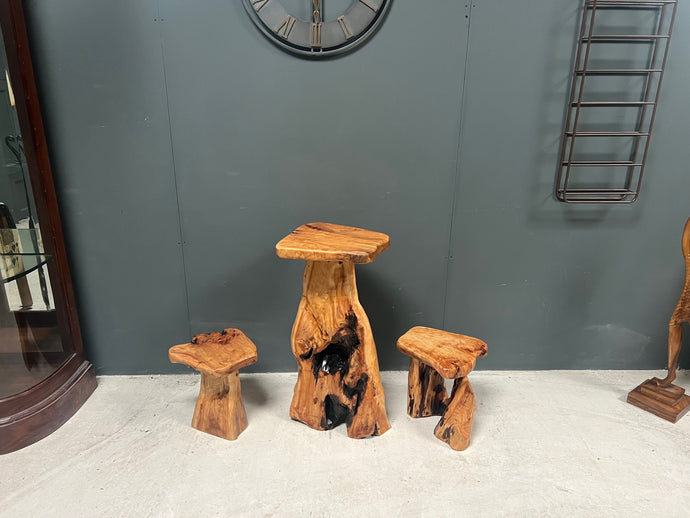 Polished Tall Rootwood Table with Two Stools
