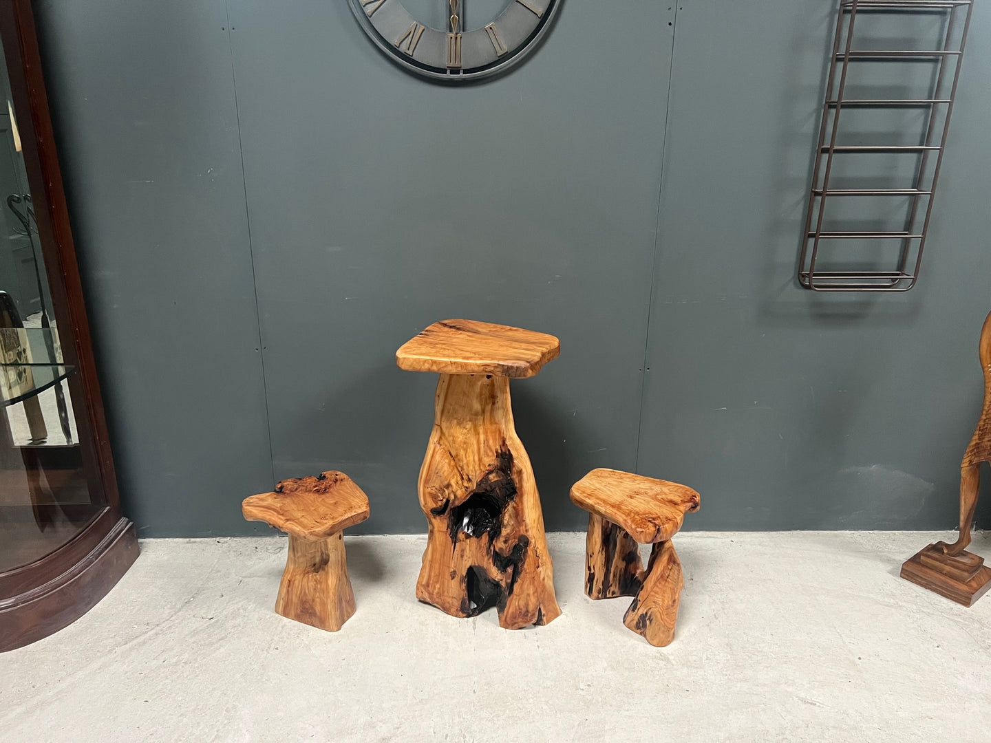Polished Tall Rootwood Table with Two Stools