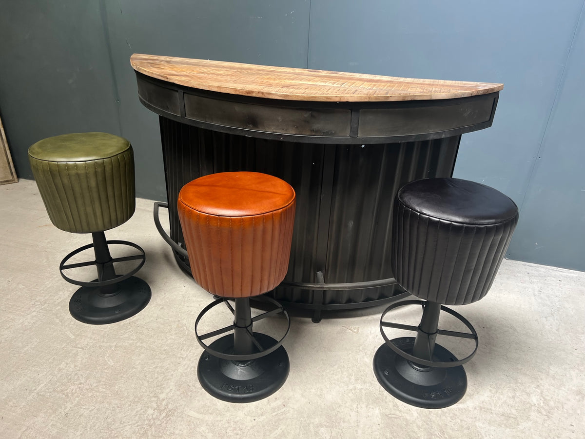 Industrial Style Ribbed Leather Bar Stool on Cast Iron Base in Tan ...