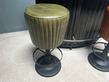 Load image into Gallery viewer, Industrial Style Ribbed Leather Bar Stool on Cast Iron Base in Green