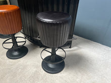 Load image into Gallery viewer, Industrial Style Ribbed Leather Bar Stool on Cast Iron Base in Black