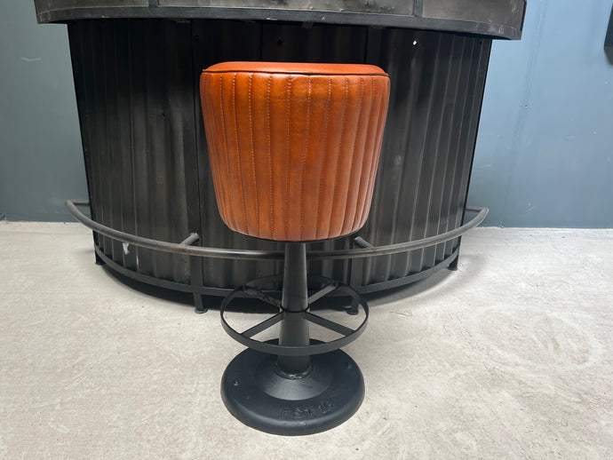 Industrial Style Ribbed Leather Bar Stool on Cast Iron Base in Tan