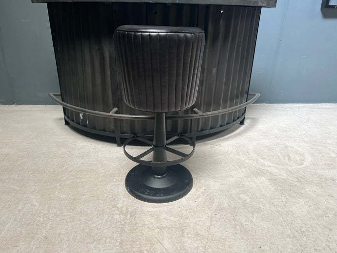 Industrial Style Ribbed Leather Bar Stool on Cast Iron Base in Black