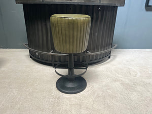 Industrial Style Ribbed Leather Bar Stool on Cast Iron Base in Green
