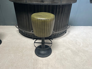 Industrial Style Ribbed Leather Bar Stool on Cast Iron Base in Green