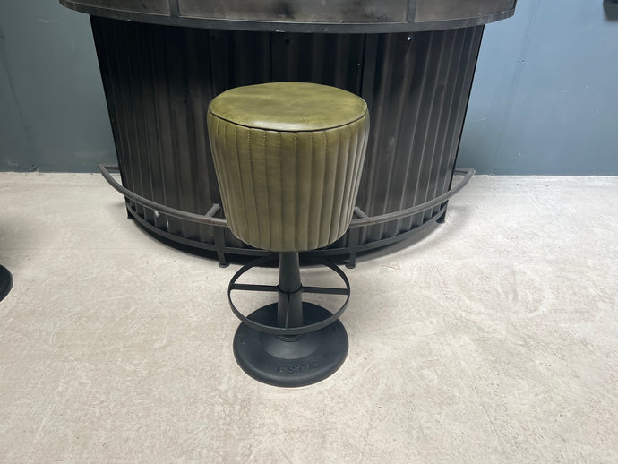 Industrial Style Ribbed Leather Bar Stool on Cast Iron Base in Green