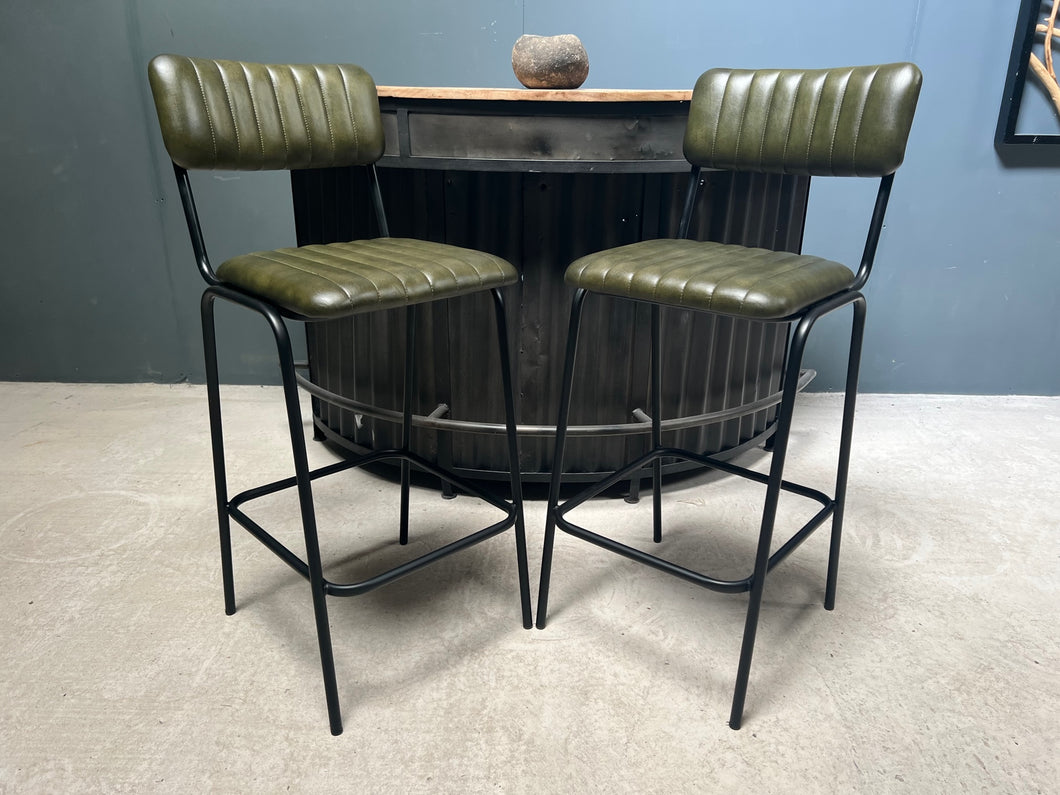 Pair of Vintage Style Ribbed Leather Bar Stools in Green