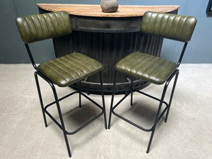 Pair of Vintage Style Ribbed Leather Bar Stools in Green
