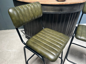 Pair of Vintage Style Ribbed Leather Bar Stools in Green