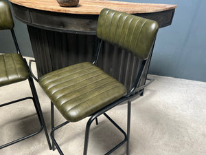 Pair of Vintage Style Ribbed Leather Bar Stools in Green