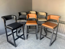 Load image into Gallery viewer, Pair Malmo Contemporary Ash Wood &amp; Faux Leather High Back Bar Chairs in Black &amp; Tan