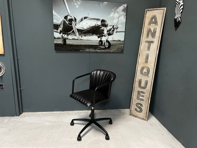 Ribbed Leather Office Swivel Chair in Black