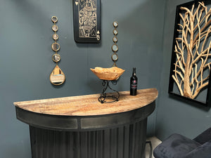 Polished Natural Wood Bowl on Metal Decorative Stand