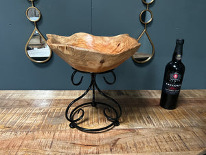 Polished Natural Wood Bowl on Metal Decorative Stand