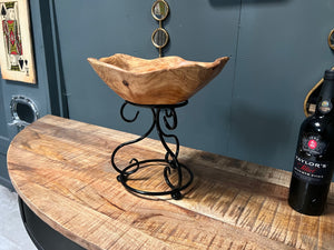 Polished Natural Wood Bowl on Metal Decorative Stand