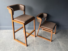 Load image into Gallery viewer, Pair Malmo Contemporary Ash Wood &amp; Brown Faux Leather High Back Bar Chair