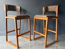 Load image into Gallery viewer, Pair Malmo Contemporary Ash Wood &amp; Brown Faux Leather High Back Bar Chair