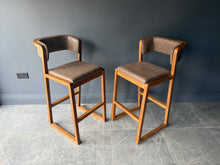Load image into Gallery viewer, Pair Malmo Contemporary Ash Wood &amp; Brown Faux Leather High Back Bar Chair