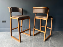 Load image into Gallery viewer, Pair Malmo Contemporary Ash Wood &amp; Brown Faux Leather High Back Bar Chair