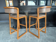 Load image into Gallery viewer, Pair Malmo Contemporary Ash Wood &amp; Brown Faux Leather High Back Bar Chair