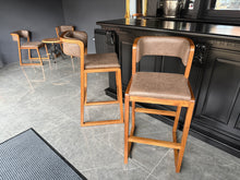 Load image into Gallery viewer, Pair Malmo Contemporary Ash Wood &amp; Brown Faux Leather High Back Bar Chair