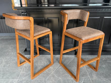Load image into Gallery viewer, Pair Malmo Contemporary Ash Wood &amp; Brown Faux Leather High Back Bar Chair
