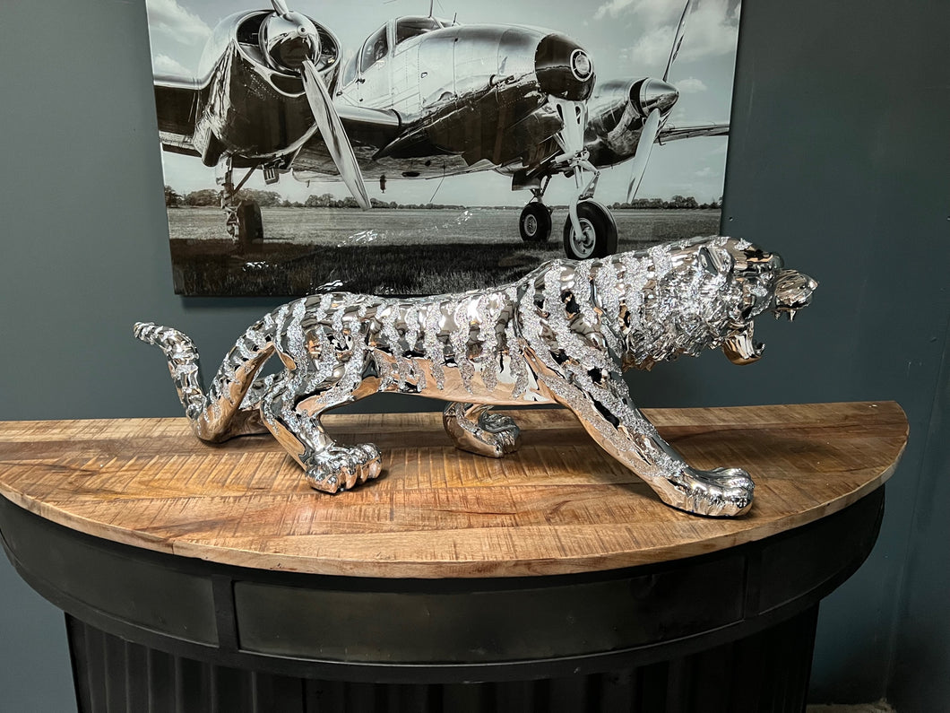 Large Silver Resin Tiger Statue