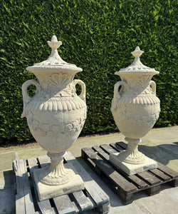 Matching Pair of Classical Stone Composite Ornate Urns with Handles Lid in Sandstone
